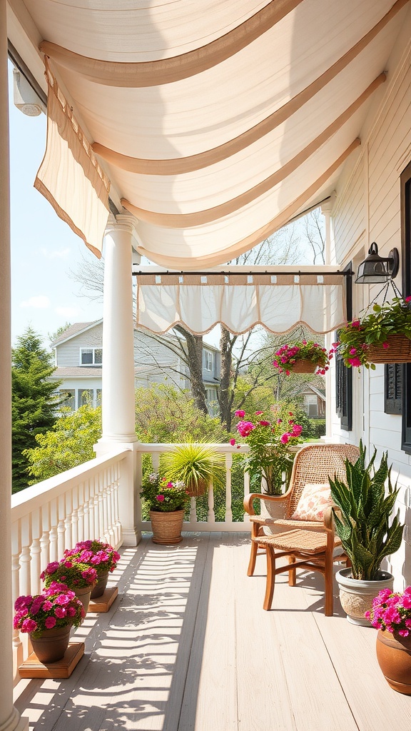 A sunlit porch with a retractable canopy, decorated with potted pink flowers and green plants, wicker chair, and white railing.