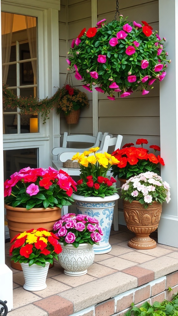 Colorful seasonal floral arrangements in various pots on a front porch.