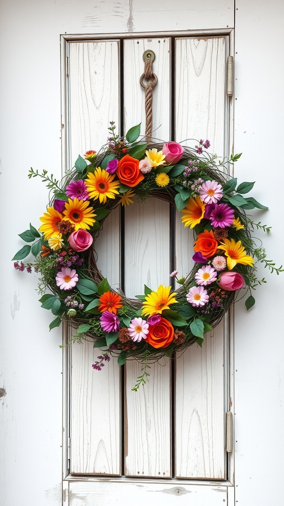 A colorful grapevine wreath adorned with various seasonal flowers