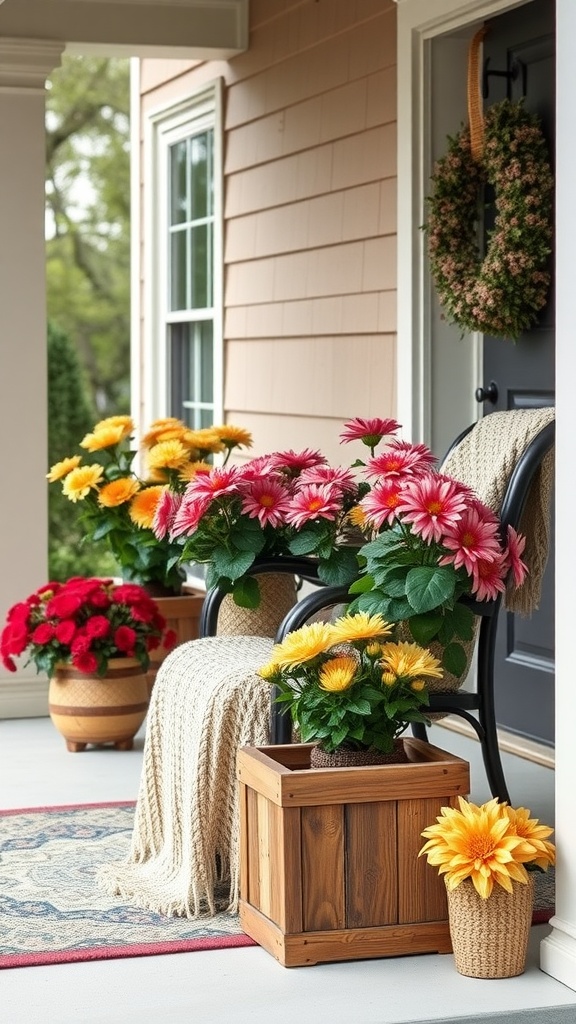 A farmhouse front porch decorated with colorful seasonal mums in rustic planters, creating a welcoming atmosphere.