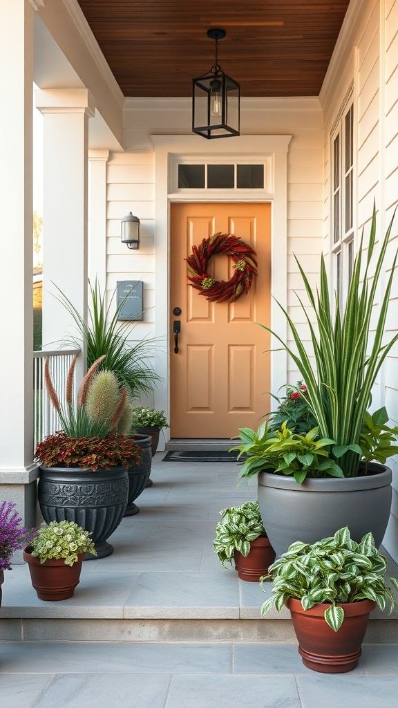 A modern front porch with seasonal planters and a welcoming door.