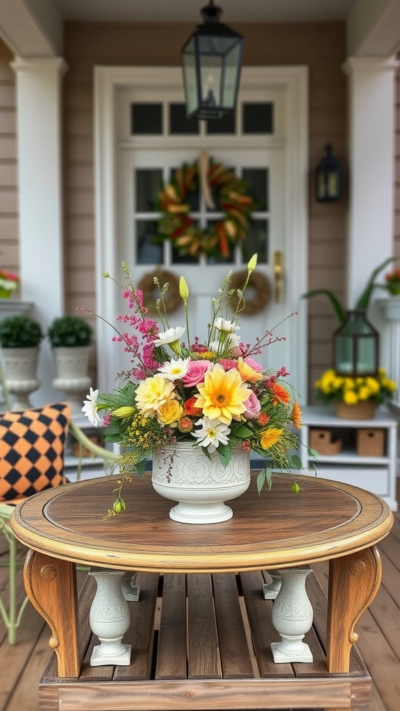 A vibrant flower arrangement in a white pot on a wooden table on a front porch