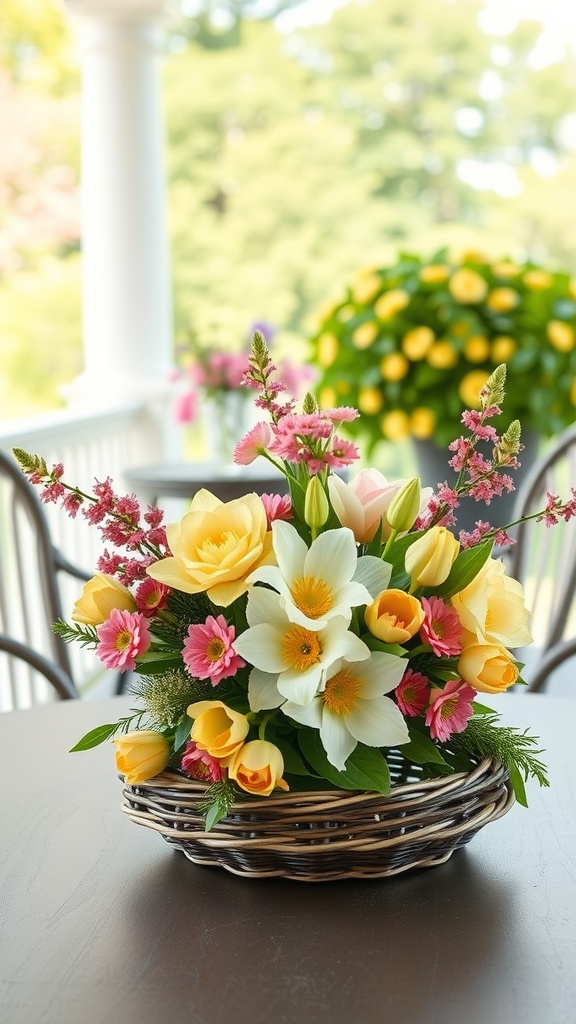 A vibrant spring floral centerpiece in a woven basket with various flowers on a porch table.