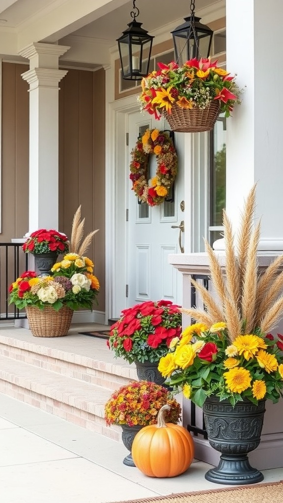 A decorated porch featuring colorful autumn flowers in baskets and pots, a round floral wreath on the door, and a pumpkin on the steps.