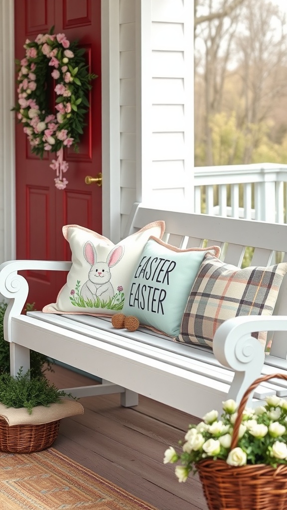 A cozy front porch with seasonal throw pillows featuring Easter designs, a red door, and floral decor.