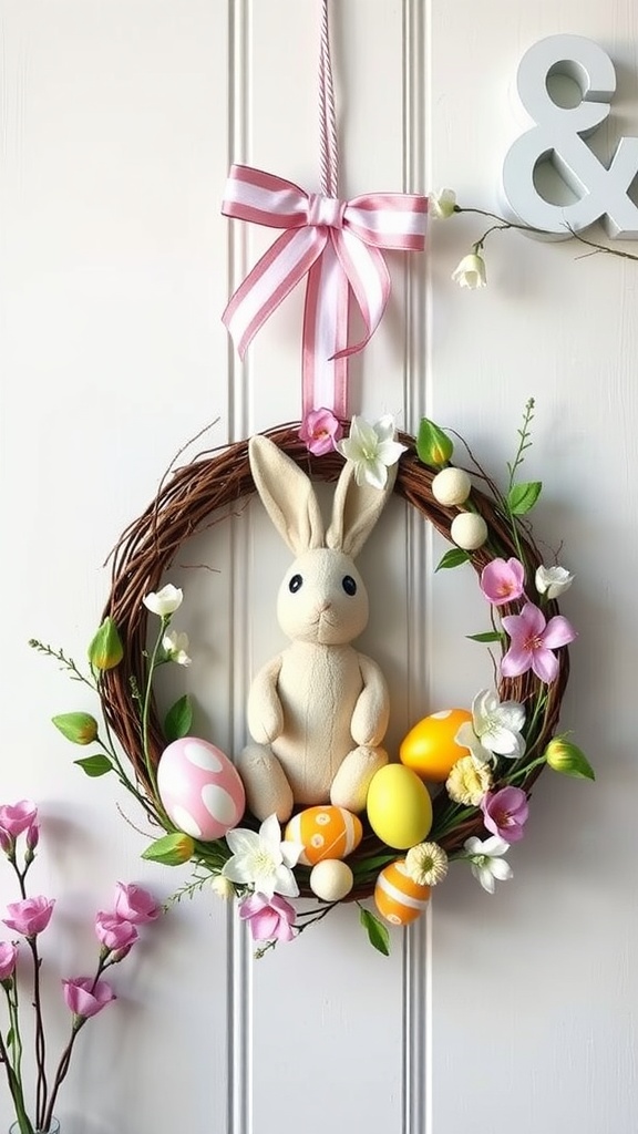 A decorative Easter bunny wreath featuring a soft bunny, colorful eggs, and flowers.