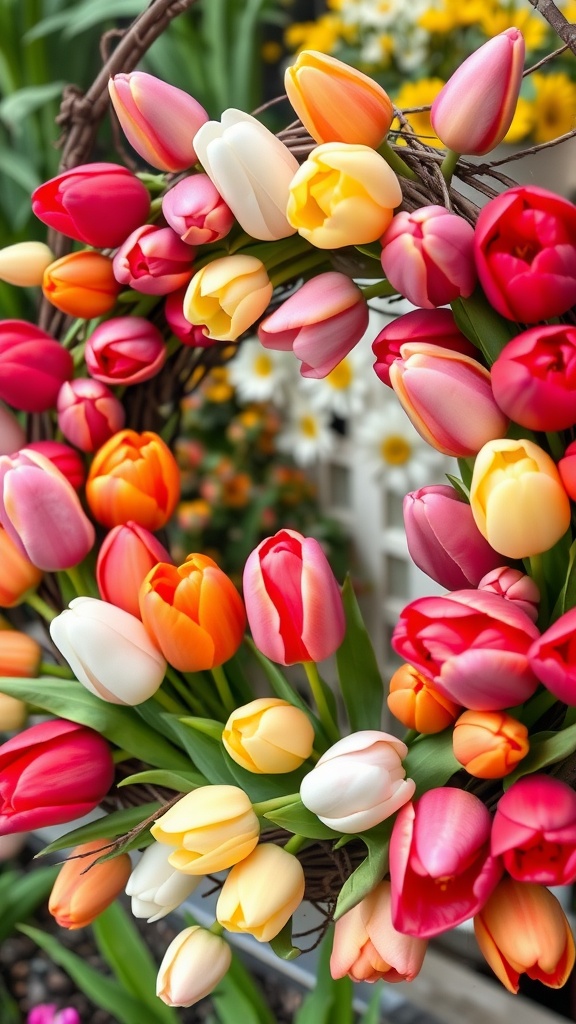 A colorful spring wreath made of various tulips, showcasing bright and cheerful colors.