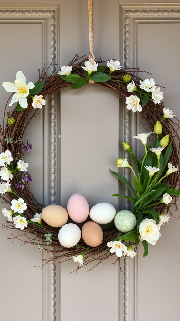 A decorative Easter wreath on a door, featuring twigs, white flowers, green leaves, and assorted pastel-colored eggs.