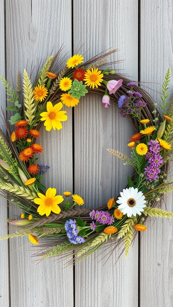 A vibrant seasonal wildflower wreath decorated with various colorful flowers and greenery.