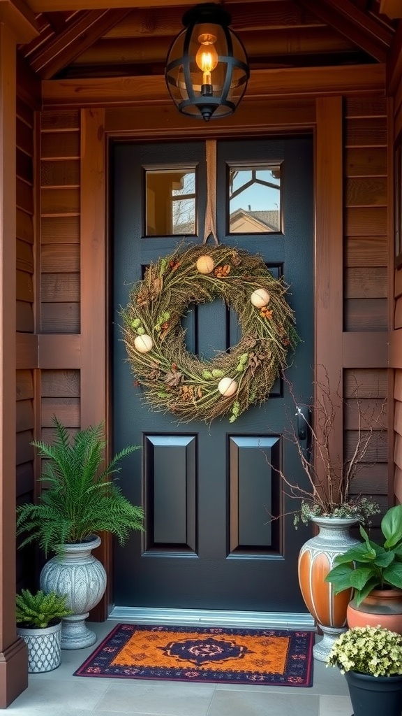 A rustic farmhouse porch with a seasonal wreath hanging on the door, featuring greenery and decorative elements.