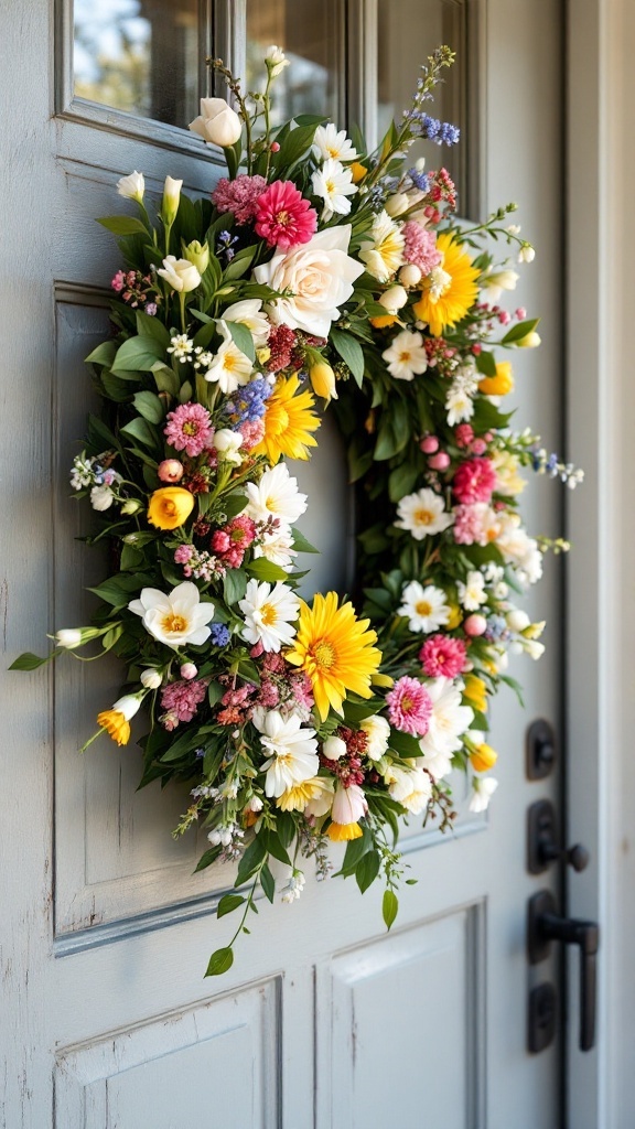 A colorful floral wreath adorned with various flowers on a light-colored door.