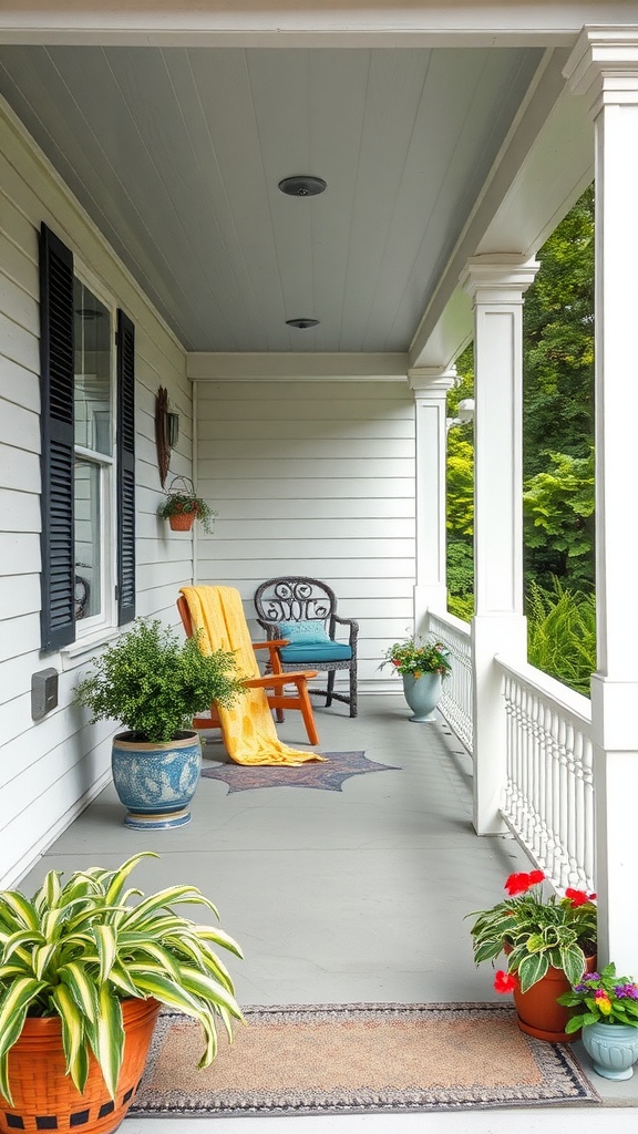 A cozy front porch with a chair, plants, and a welcoming atmosphere.