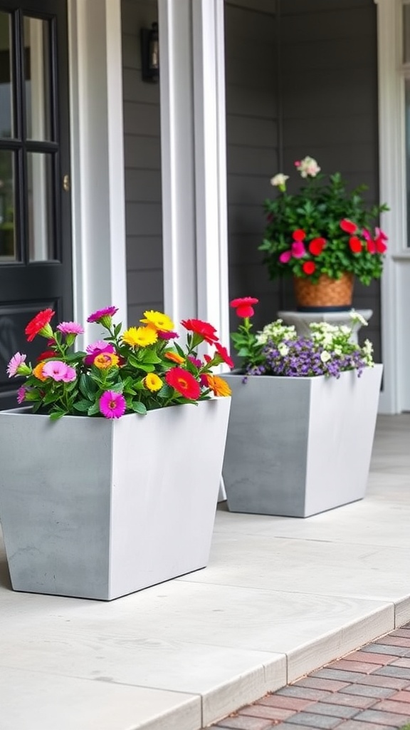 Two sleek gray concrete planters filled with vibrant flowers on a front porch.