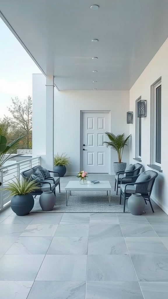 A modern outdoor entryway with sleek furniture and plants.