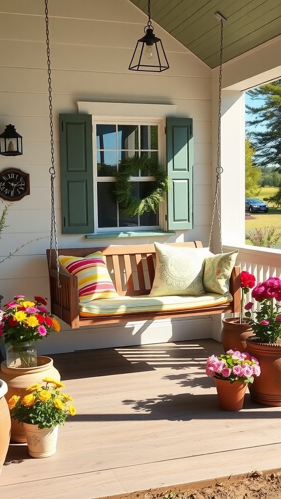 A charming porch with a free standing swing surrounded by colorful flowers.