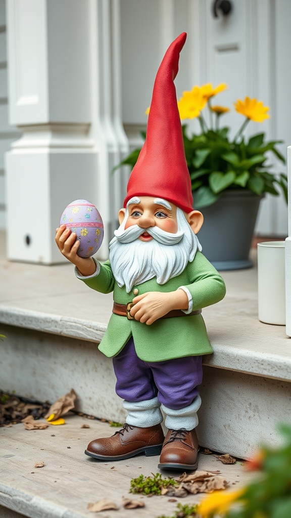 A small garden gnome with a red hat holding a decorated egg, standing on a porch with flowers in the background.