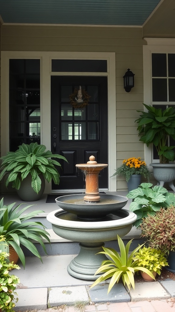 A charming small water fountain surrounded by lush plants on a front porch.