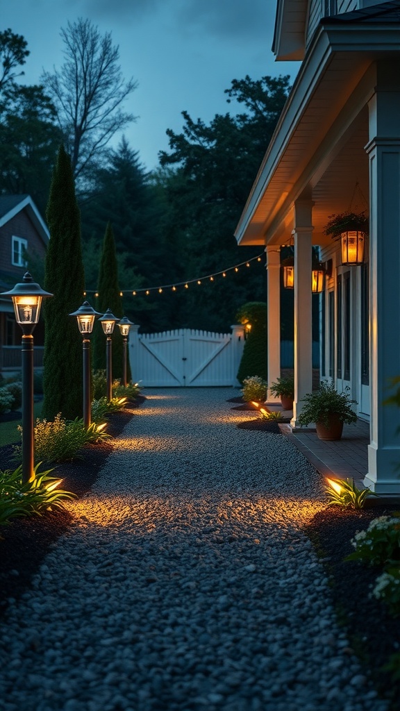 A beautifully lit pathway with solar-powered lights leading to a farmhouse front porch.