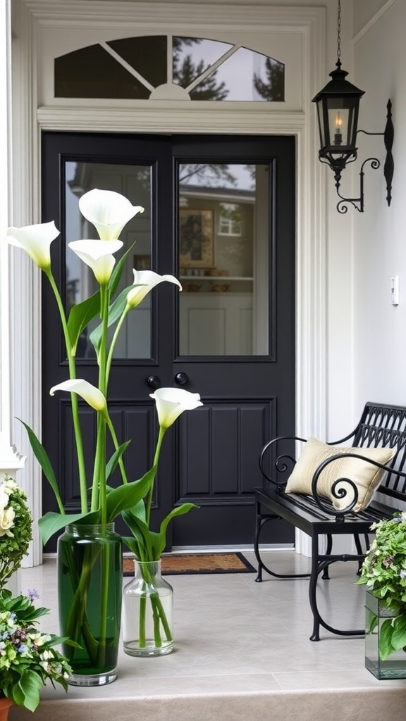 Two elegant vases with calla lilies on a farmhouse front porch