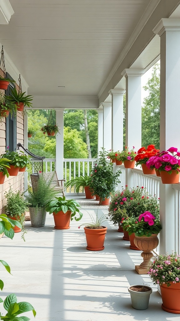 A rustic farmhouse wrap-around porch filled with potted plants and flowers.