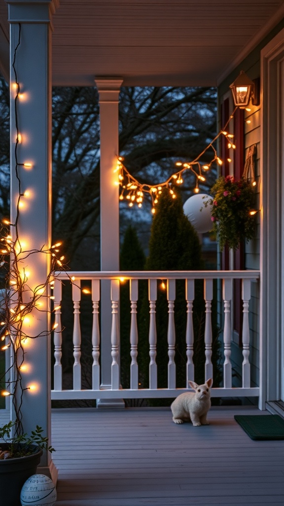 A cozy front porch decorated with spring-themed fairy lights and a small bunny