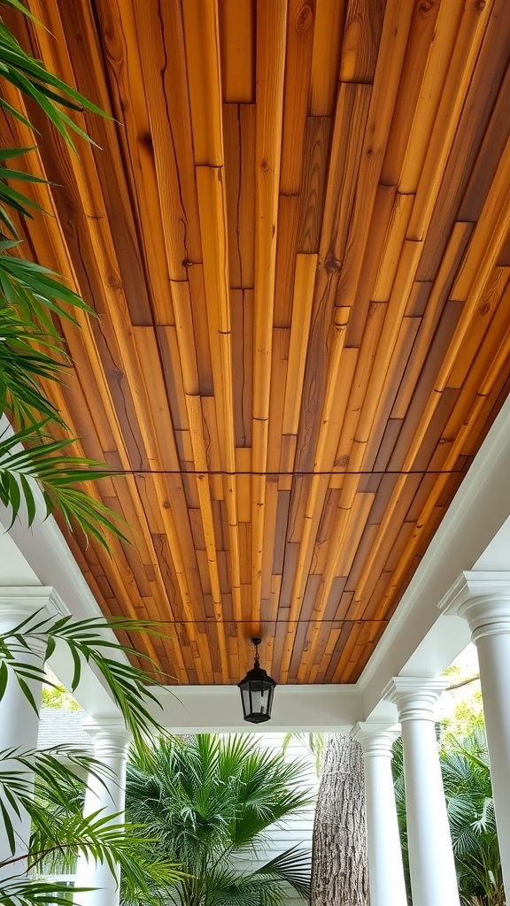 Stained bamboo ceiling with wooden beams and green plants