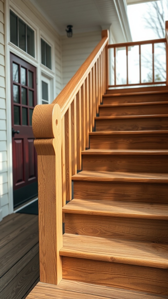 Close-up of wooden staircase with railings leading to a farmhouse front porch.