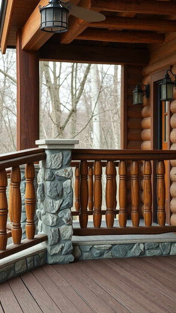 A porch railing featuring a blend of stone and wood materials.