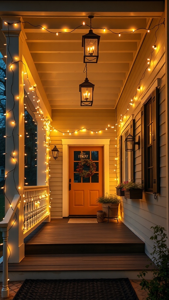 A cozy farmhouse front porch illuminated with string lights and lanterns.