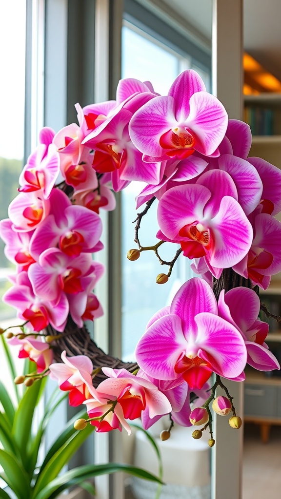 A colorful spring wreath made of pink and white orchids.