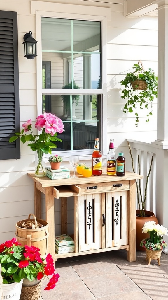 A stylish drink station on a porch featuring beverages, plants, and decor.