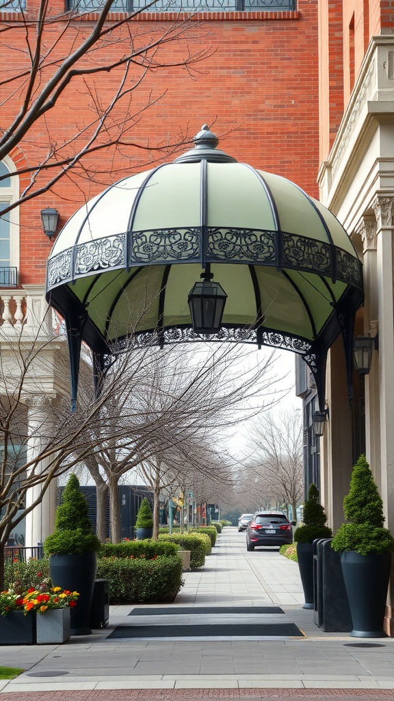 A stylish entry canopy with decorative details, leading to a paved pathway lined with greenery.