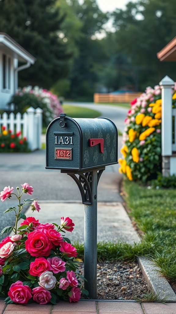 A stylish mailbox surrounded by vibrant flowers in a well-kept yard.