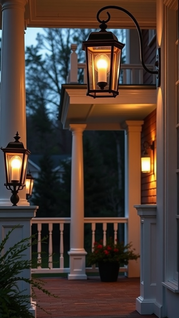 A beautifully lit front porch with stylish outdoor lanterns and decorative plants.