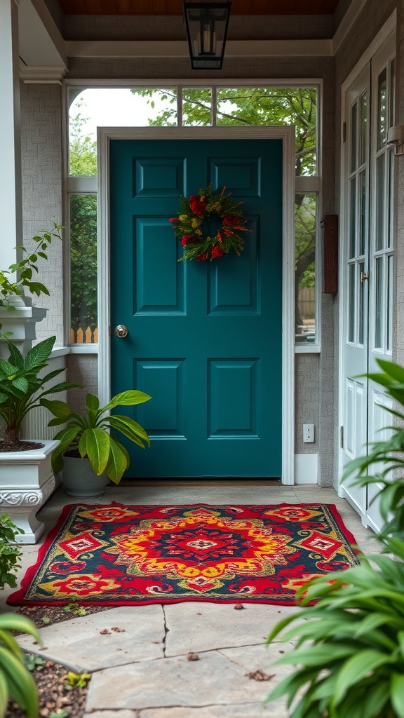 An outdoor entryway featuring a colorful rug, surrounded by plants and a teal front door.