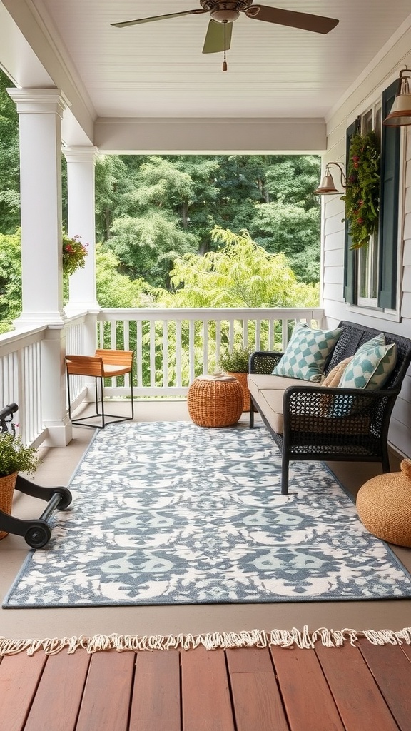 A summer porch with a stylish outdoor rug, featuring a seating area with cushions and decorative elements.