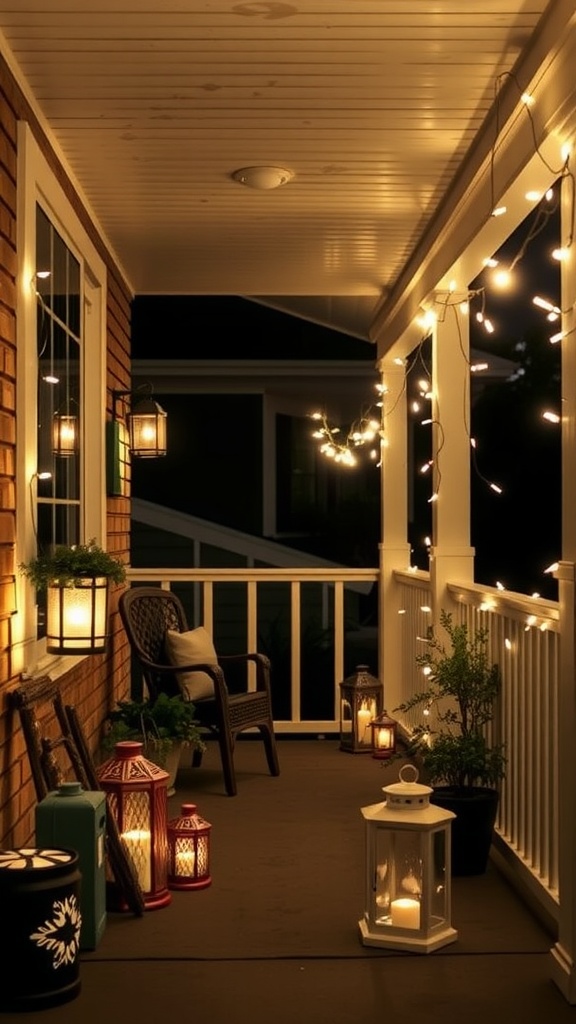 A cozy front porch illuminated with string lights and lanterns.