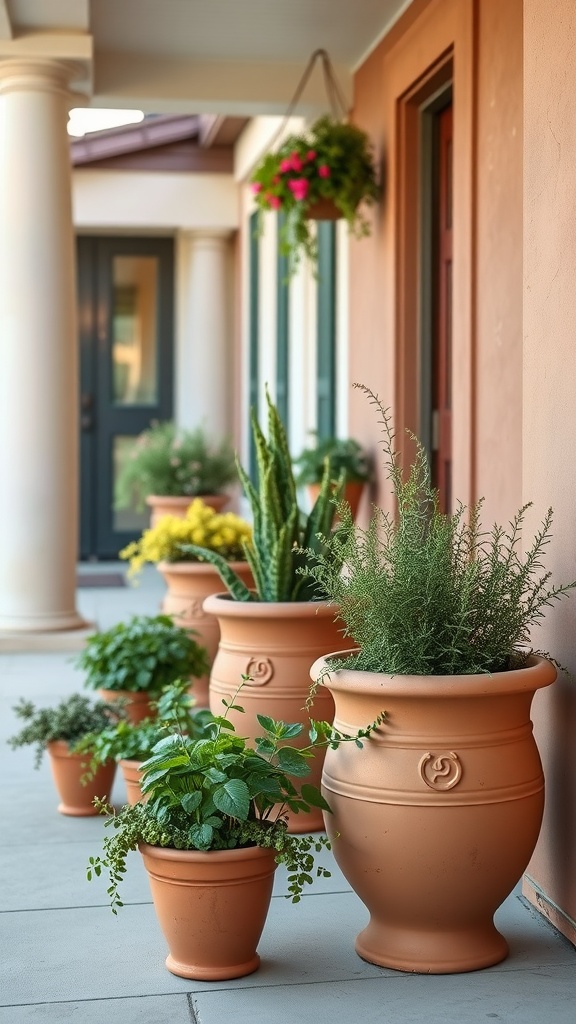 A row of stylish terracotta planters on a front porch, featuring various plants.