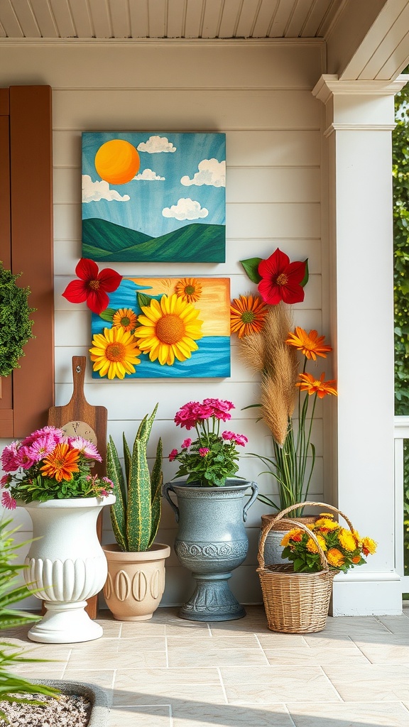 Colorful wall art featuring sunny landscapes and flowers on a summer porch.