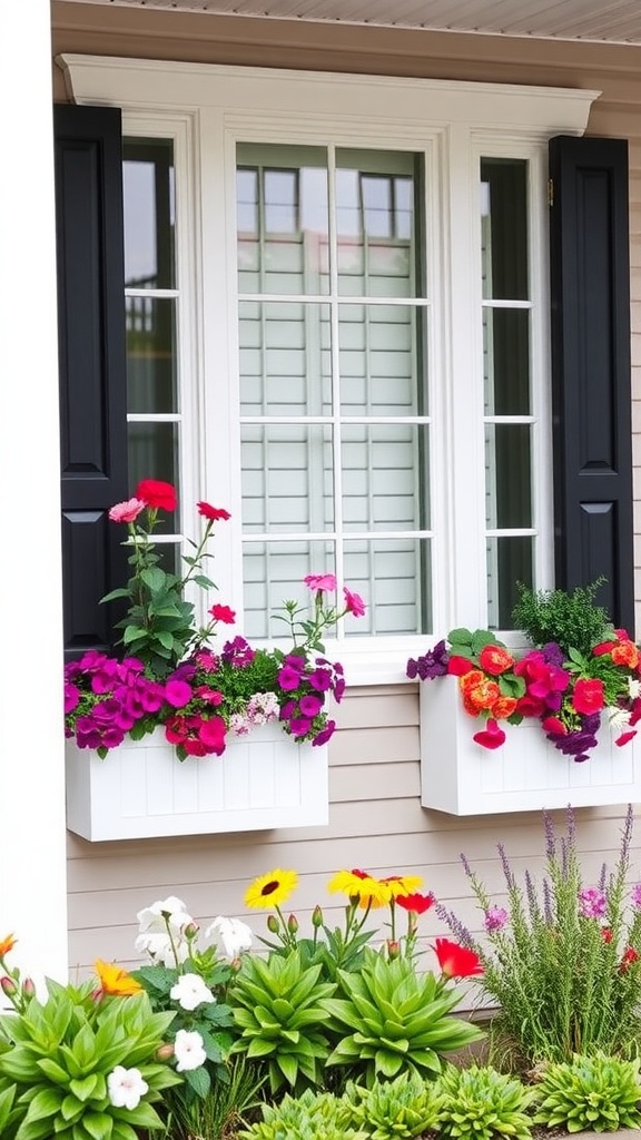 Colorful window box planters filled with flowers beside a window.