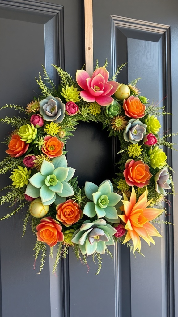 A colorful wreath made of artificial succulent plants and flowers, including shades of green, orange, red, and yellow, hanging on a dark-colored door.