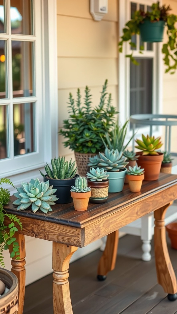 A wooden table on a porch with various succulent plants in pots.