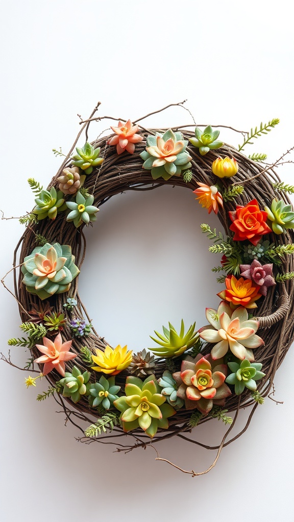 A circular wreath adorned with a variety of colorful succulents in shades of green, yellow, red, and orange, arranged on a base of intertwined twigs.