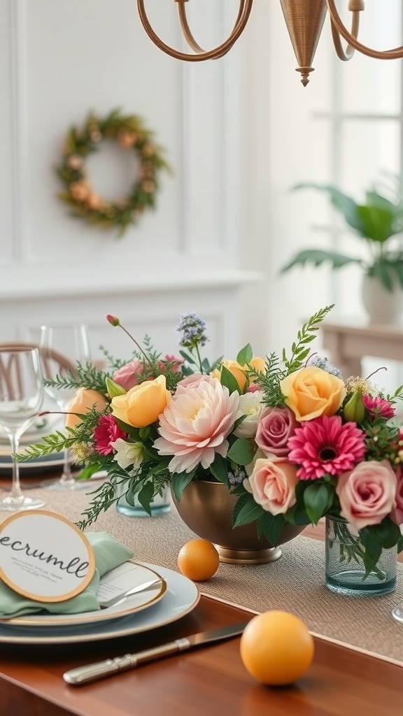 Colorful summer-themed table centerpiece with flowers and fruit accents