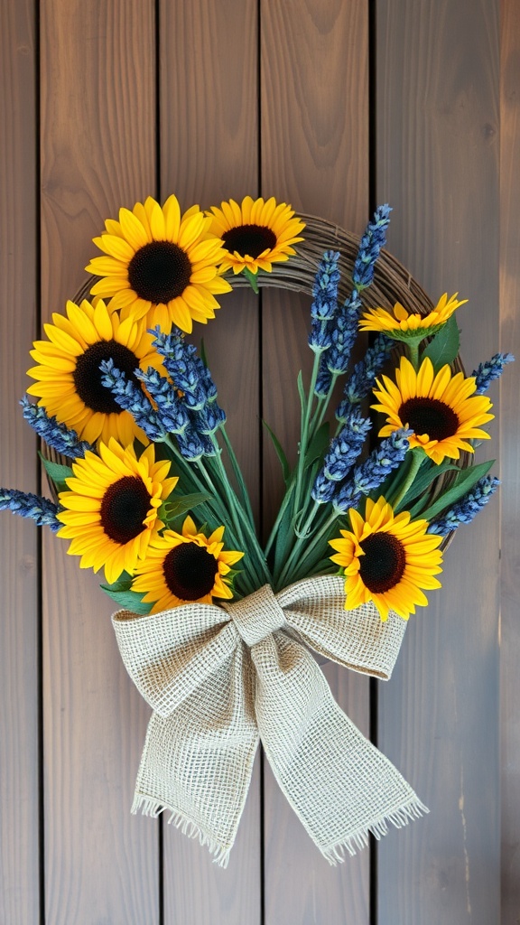 A summer wreath featuring sunflowers and lavender with a burlap bow.