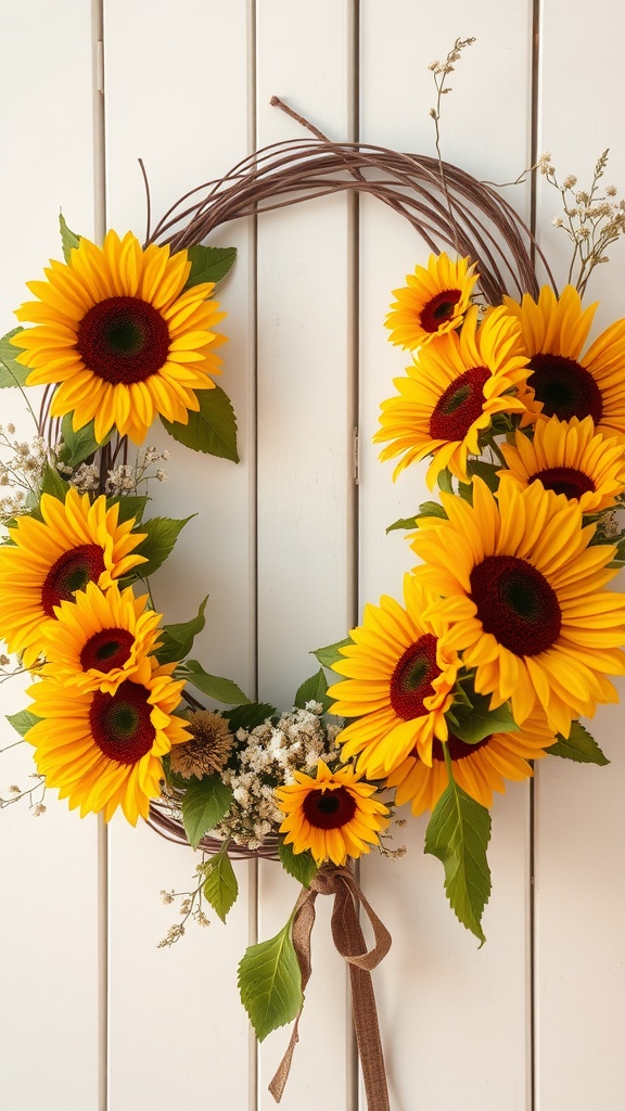 A vibrant spring floral wreath featuring sunflowers, greenery, and delicate flowers.