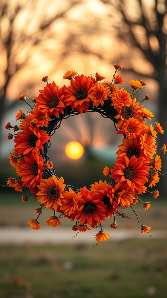 A vibrant summer wreath made of orange sunflowers and flowers, set against a sunset background.