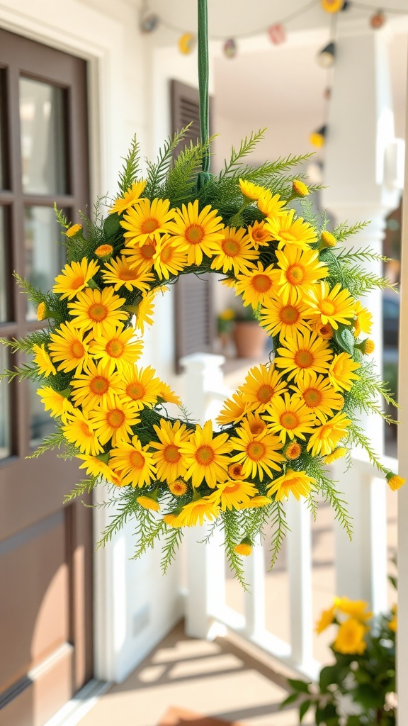 A vibrant yellow daisy wreath adorned with green foliage, hanging at a doorway.