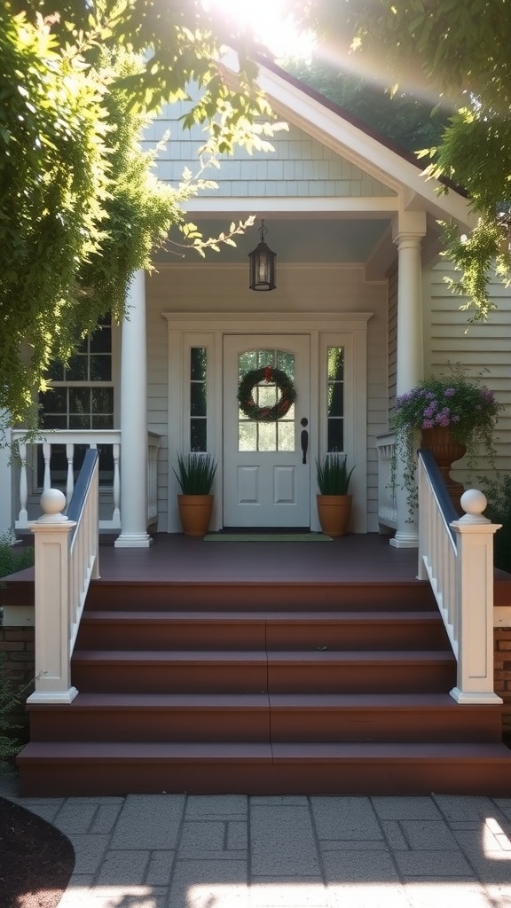 Farmhouse front porch steps with greenery and sunlight