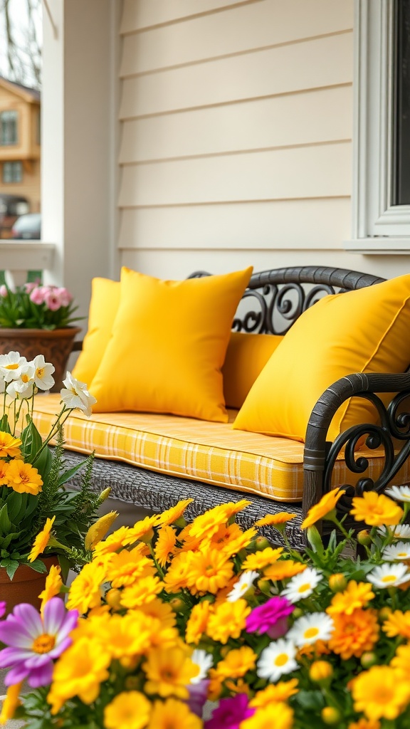 A cozy porch with yellow cushions on a bench surrounded by colorful flowers.